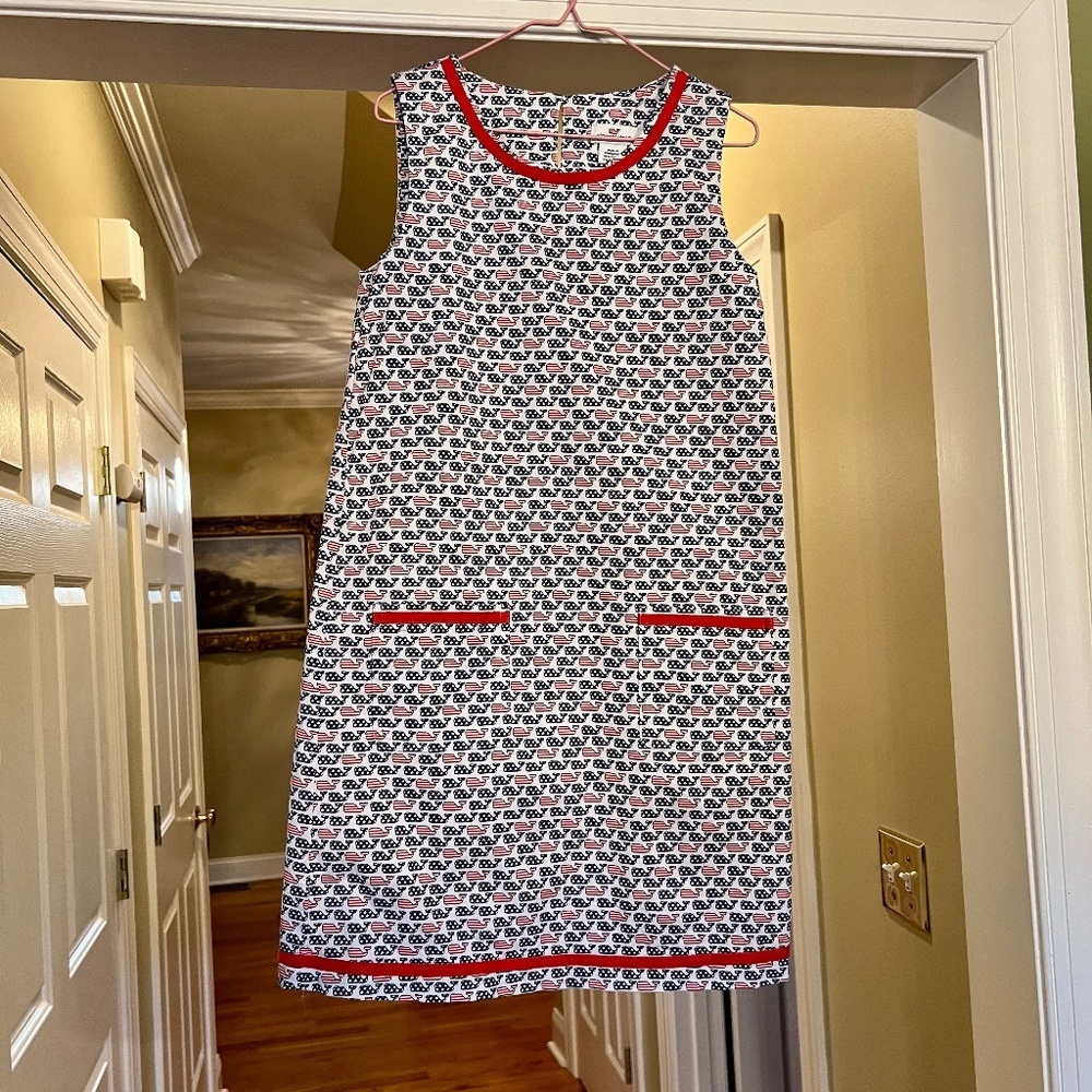 NWOT Girl's Vineyard Vines Red White Blue Flat Whale Shift Dress Size 12
